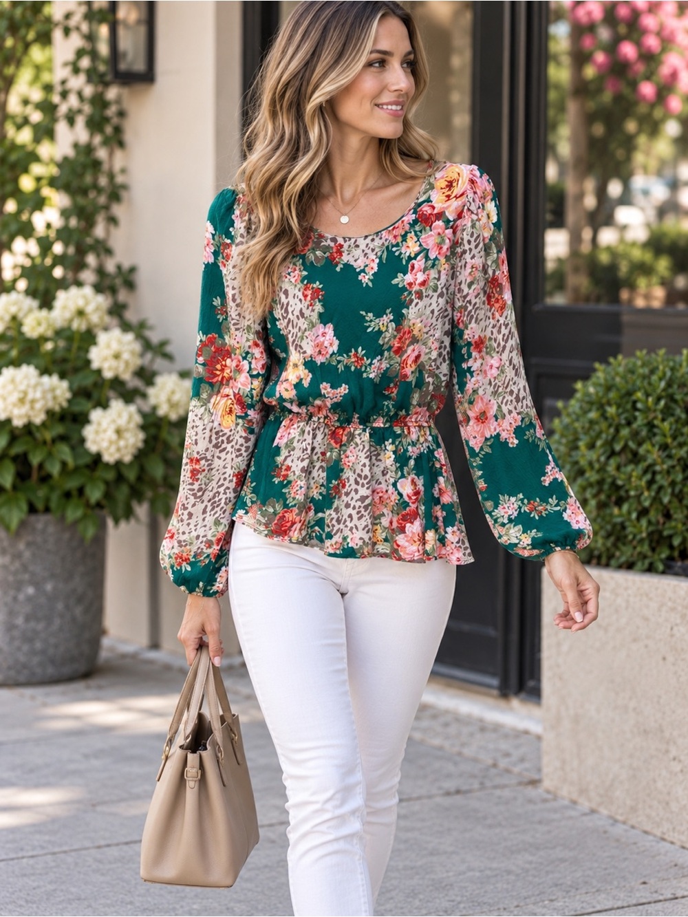 ANDREE BY UNIT Teal Floral Peplum Long-Sleeve Blouse